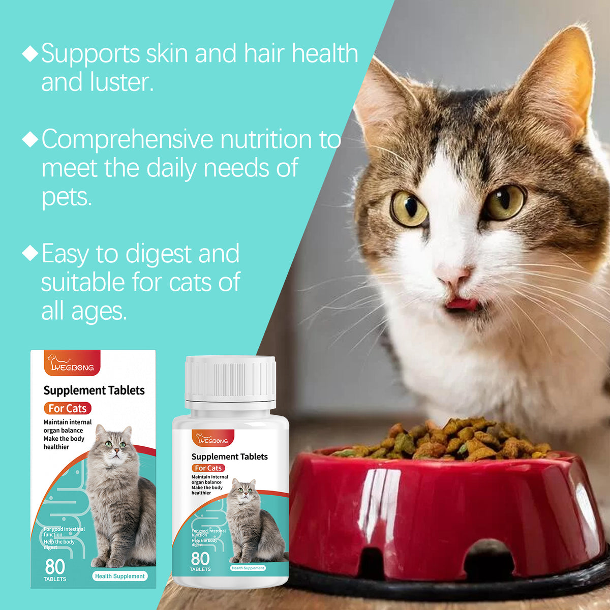 Cat Probiotic Supplement Tablets, Gut & Digestive Health Support With Vitamin B2 & Selenium, Immune, Skin & Vision Care,