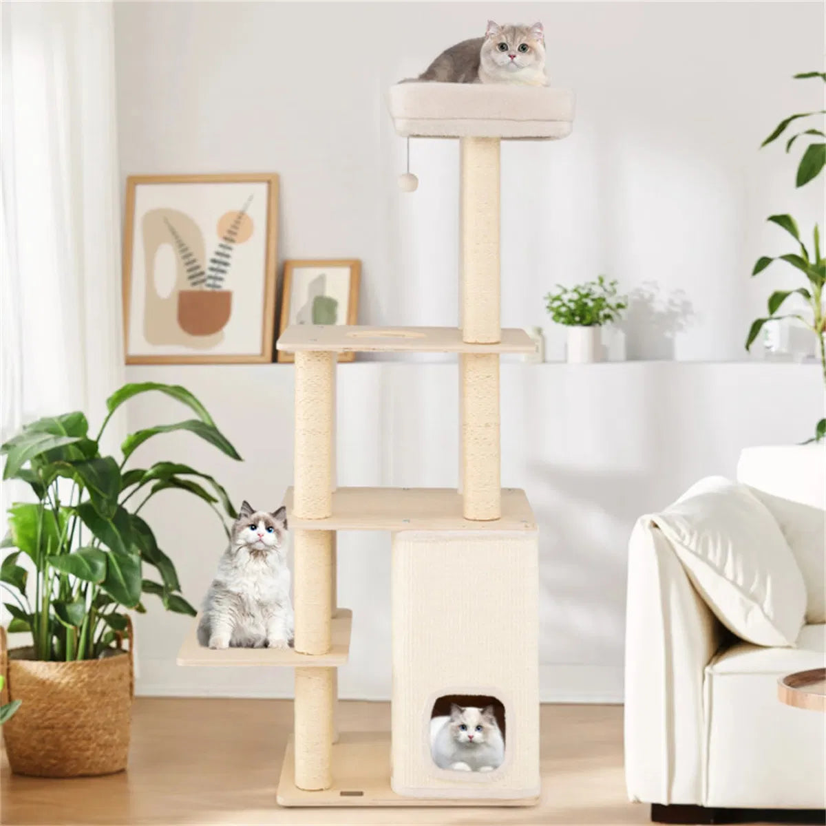 63" Wooden Cat Tree - 2-Story Condo with Bamboo Interior, 5 Sisal Scratching Posts, 44 lbs Per Layer Capacity