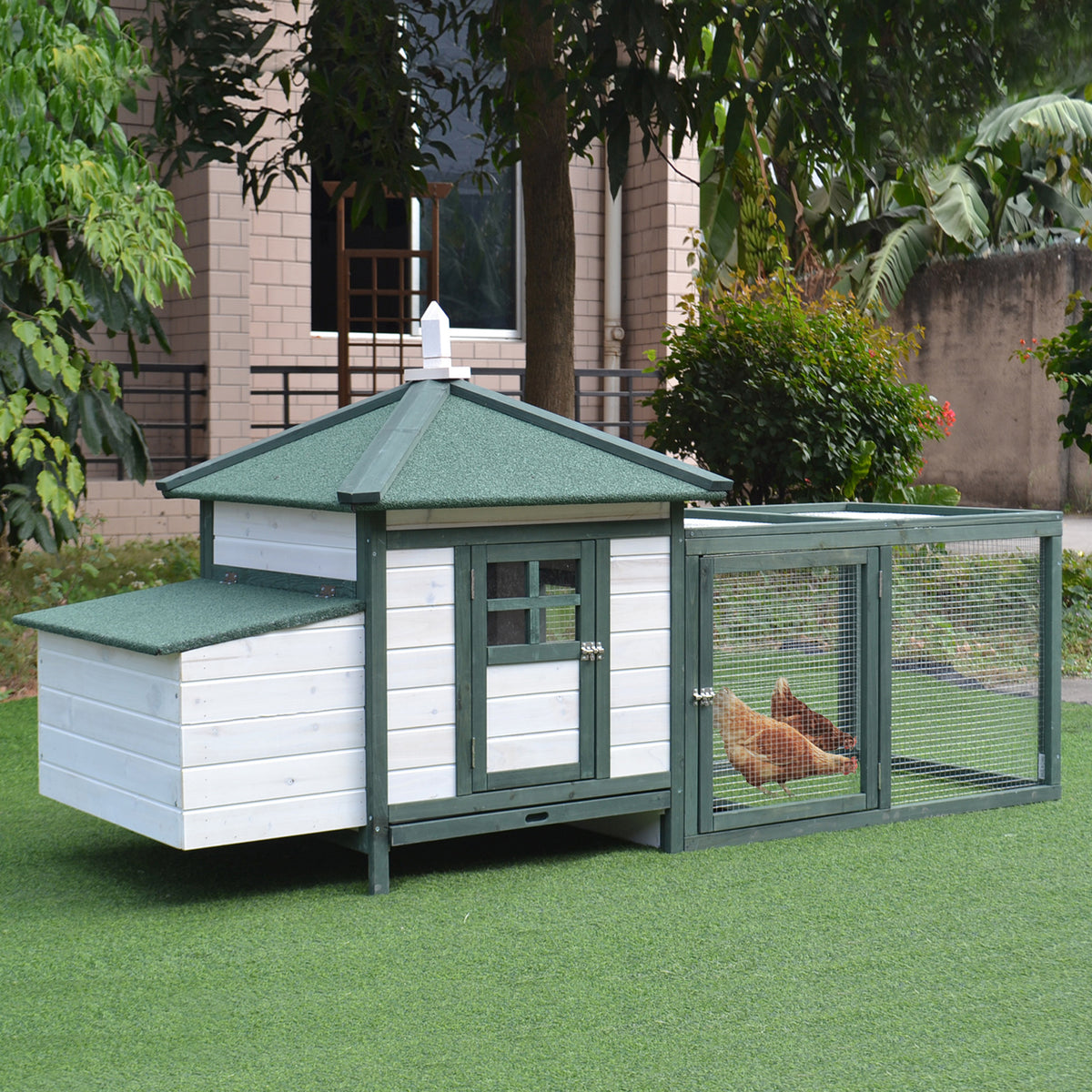 77" Wooden Chicken Coop Hen House Poultry Cage with Weatherproof Roof, Nesting Box, Enclosed Run and Removable Tray for 