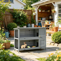 54" 2-Story Large Rabbit Hutch, Bunny Cage, Wooden Pet House, Small Animal Habitat, Gray with Lockable Doors, Tray, Roof