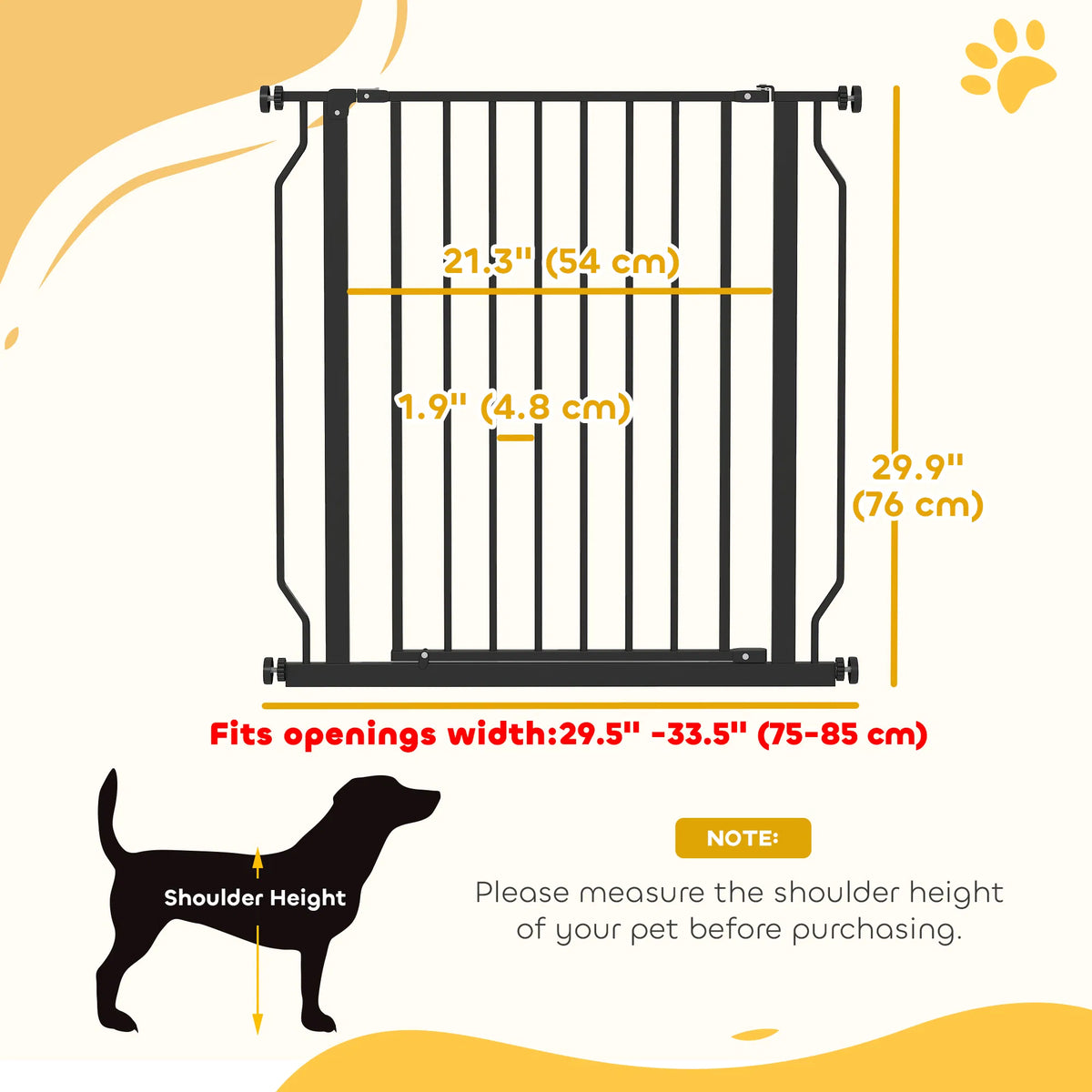 30"- 34" Easy Install Pet Gate w/ Door & Double Locking System, Extra Wide Dog Gate for Stairs, Hallways, Black