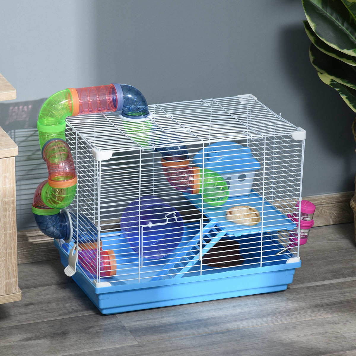 2-Level Hamster Cage Rodent Gerbil House Mouse Mice Rat Habitat Metal Wire with Exercise Wheel, Play Tubes, Water Bottle