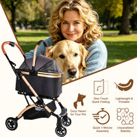 Pet Stroller for Dogs and Cats, 2-in-1 Detachable Foldable 4 Wheels Pet Stroller, Quick One-Hand Fold, Storage Basket, D
