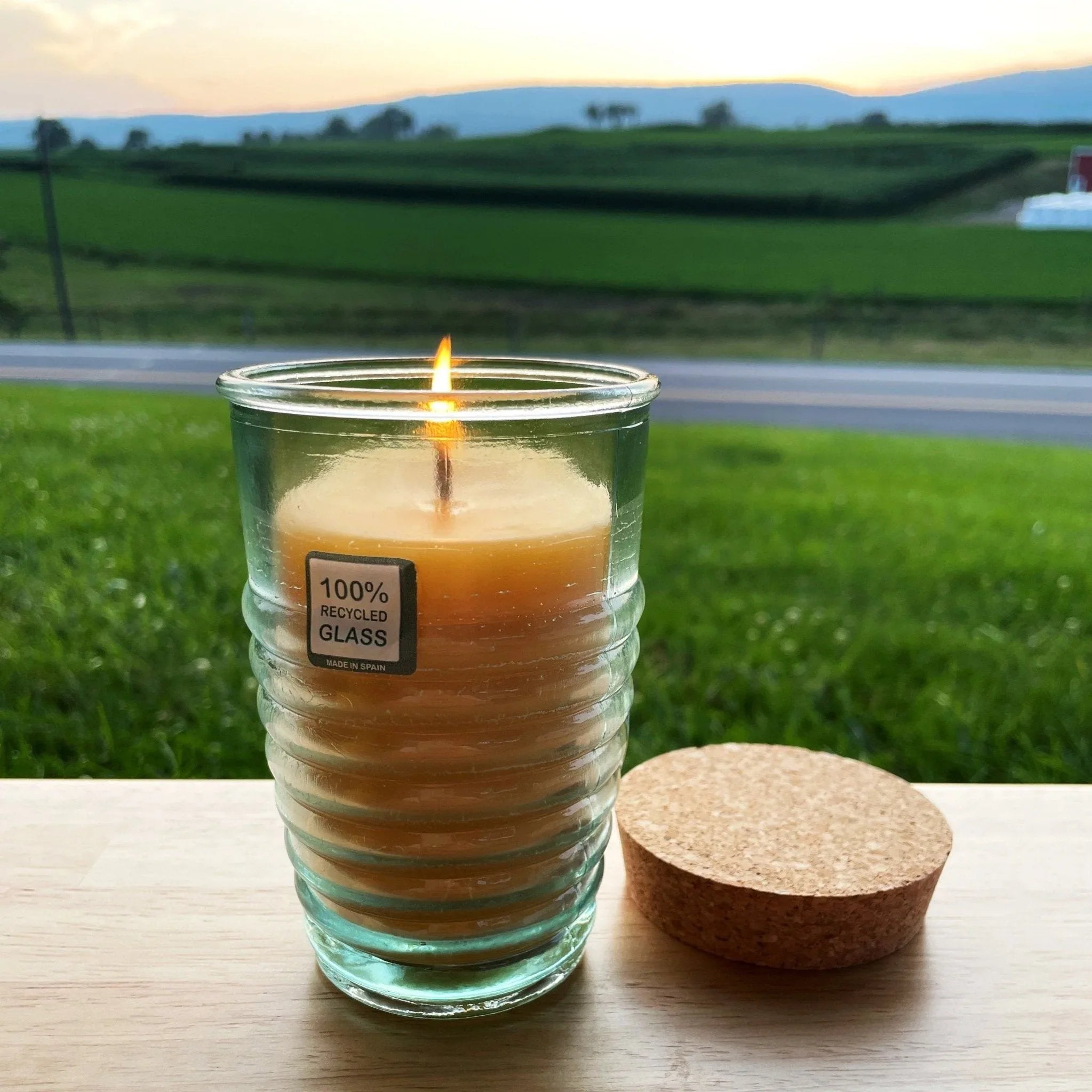 Beeswax Candle in Honeybee Glass Jar Spanish Recycled Glass - BIG FRENCHIES