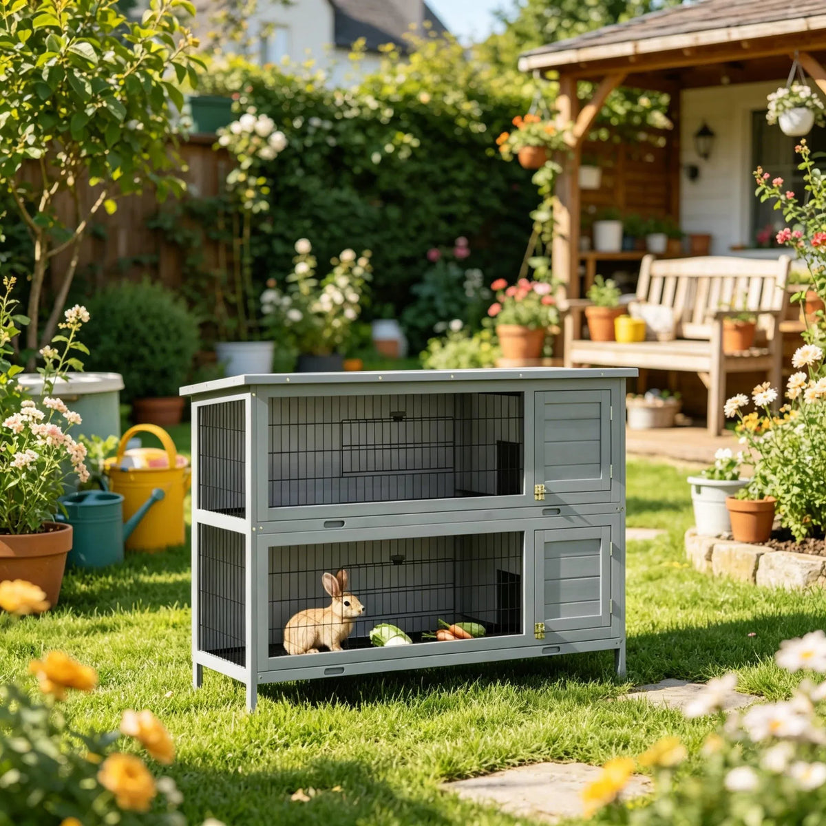 54" 2-Story Large Rabbit Hutch, Bunny Cage, Wooden Pet House, Small Animal Habitat, Gray with Lockable Doors, Tray, Roof