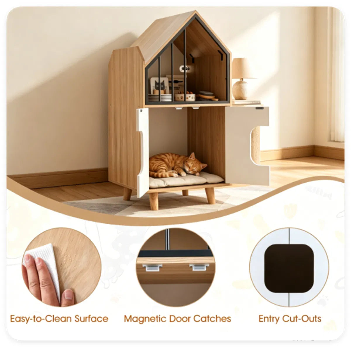 Natural & White Hidden Cat Litter Box Furniture, Elevated Cat Lounge Top Enclosed Cat Washroom Cabinet with Raised Legs 