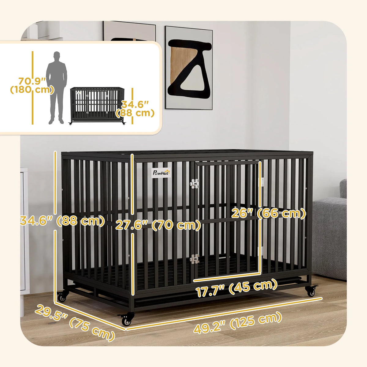 49" Heavy Duty Steel Dog Crate Kennel Pet Cage with Wheels for Convenient Access Anti-Pinching Floor, Black