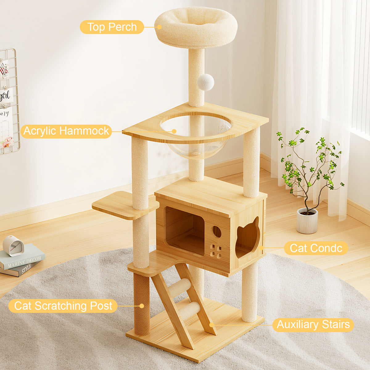 48.8" Modern Cat Tower, Wood Cat Tree Tower for Indoor Cats, Cat Treewith Sisal-Covered Scratching Posts and Top Perch, 