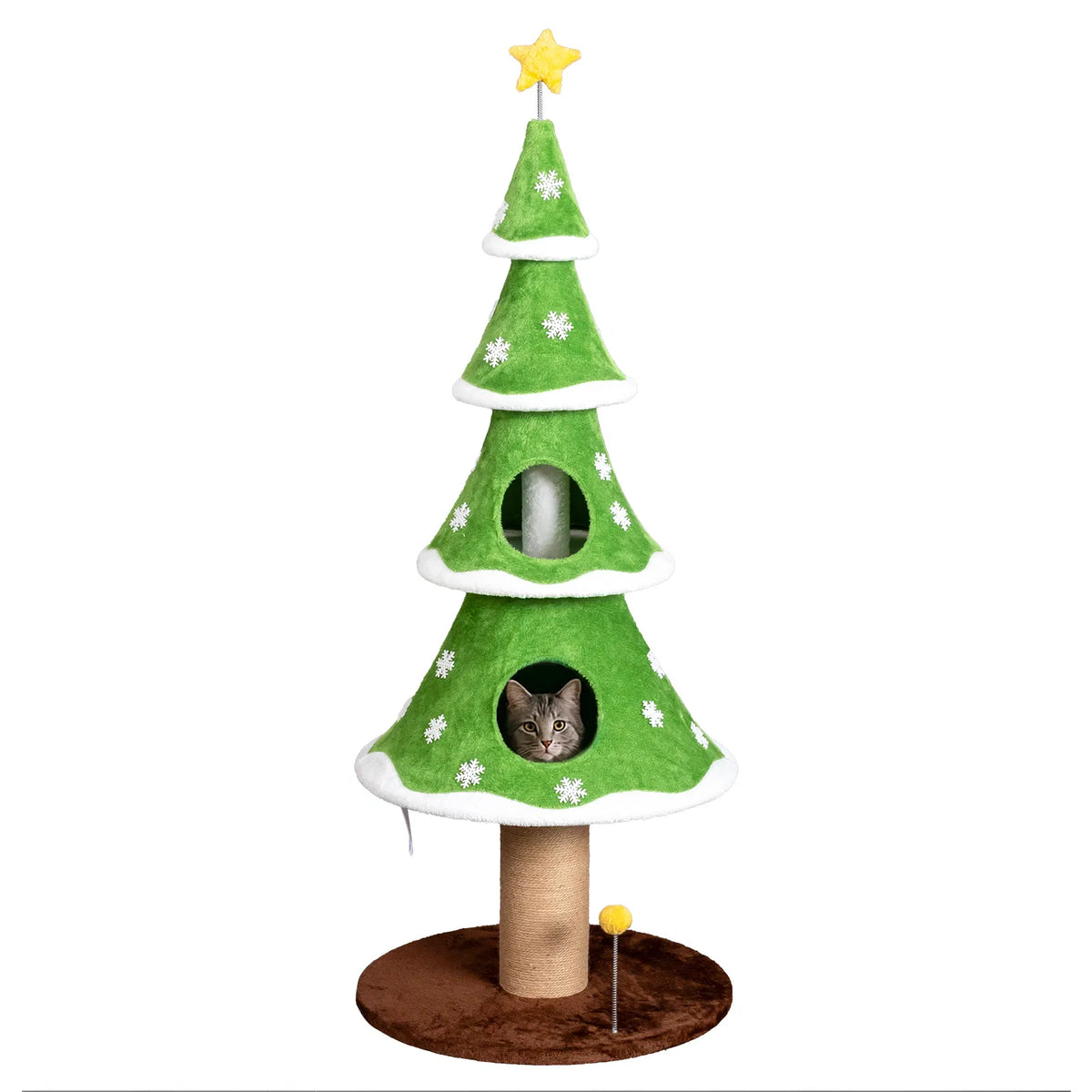 59in Large Tall Christmas Tree Cat Tower with 2 Cat Condos & Scratching Post, Soft Fleece Cat Tree with Teaser Toy & Stu