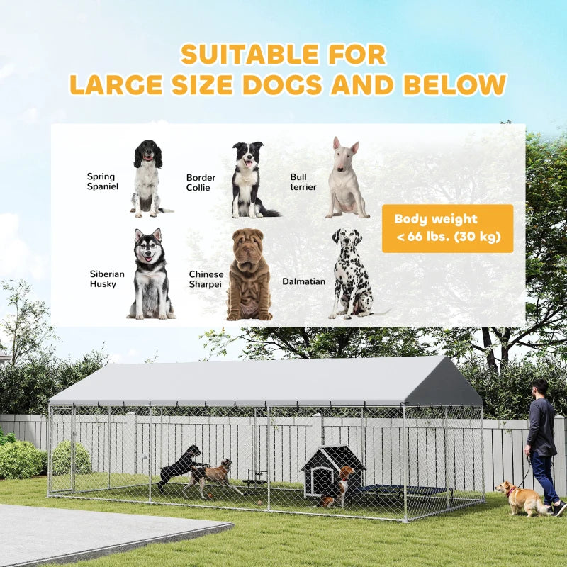 Heavy Duty Outdoor Dog Kennel With Waterproof Roof, 2 Secure Latches, Chain Link Dog Run For Backyard, 20' X 10' X 7'For