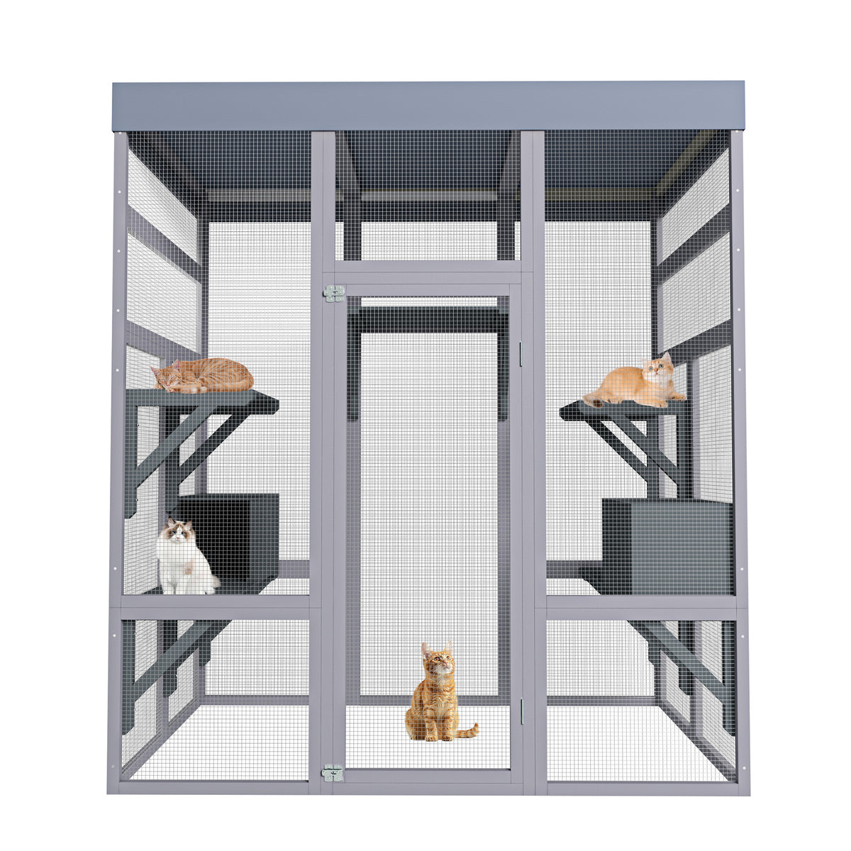 62.6" Wooden Outdoor Catio for Cats, Large Cat Enclosure with Waterproof Roof, 2 Napping House, Platforms & Galvanized W