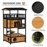 Wooden Outdoor Cat House, Feral Cat Shelter Kitten Condo with Asphalt Roof, Escape Doors, Condo, Jumping Platform, Yello