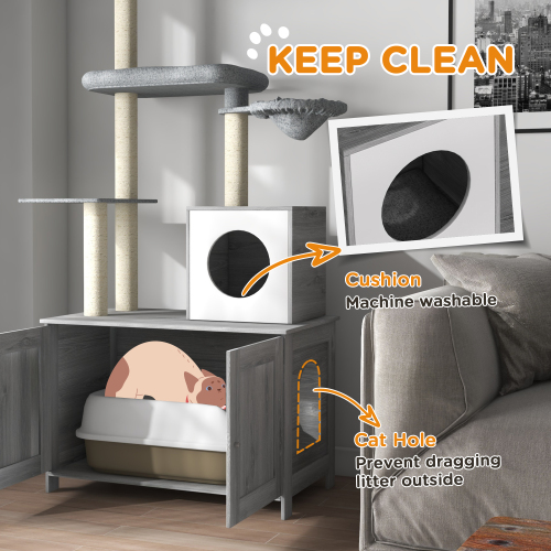 PawHut Cat Tree With Litter Box Enclosure, 2 In 1 Floor To Ceiling Cat Tower Litter Box Furniture With Condo, Bed, Hammo