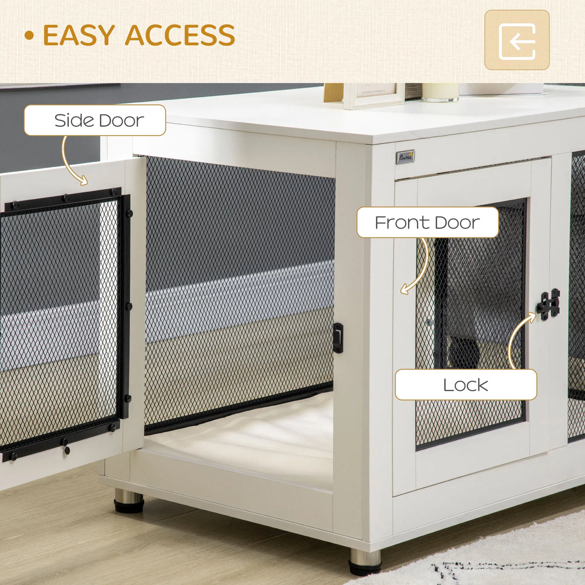 Pet Crate End Table with Water-resistant Cushion or Large Medium Dogs, White