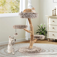 4-Level Natural Pear Wood Cat Tree - 19.5"x35.5", Jute Scratch Posts + Plush Ball, Long Plush