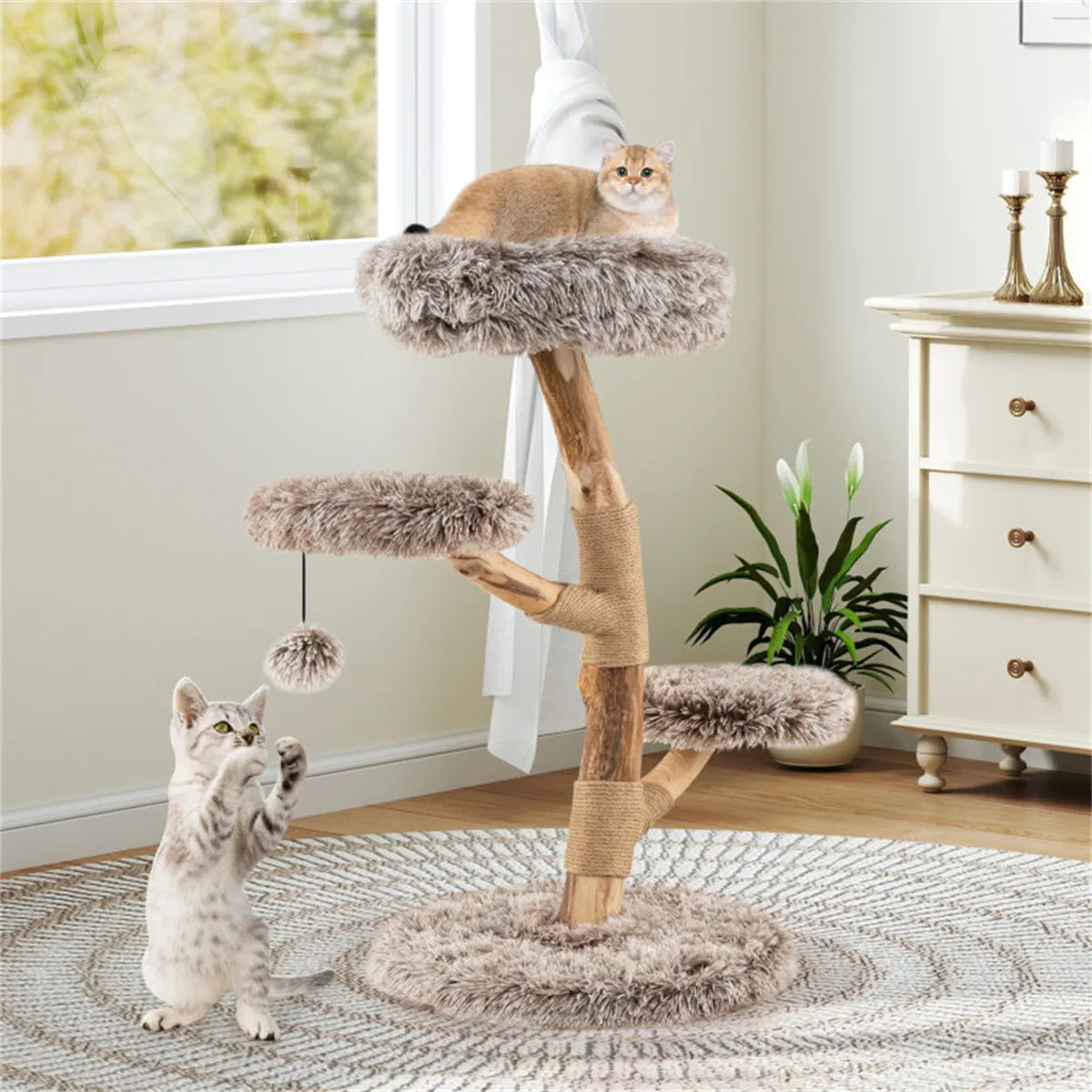 4-Level Natural Pear Wood Cat Tree - 19.5"x35.5", Jute Scratch Posts + Plush Ball, Long Plush