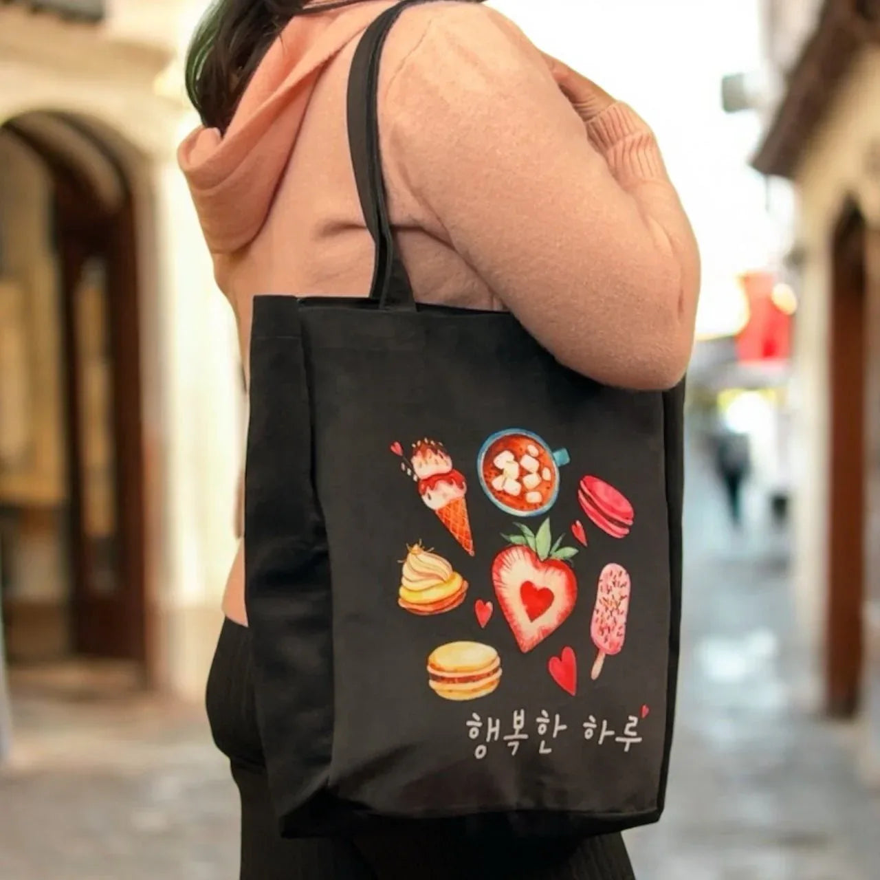 Black Korean Tote Bag – Ice Cream Design with Zipper & Pocket - BIG FRENCHIES