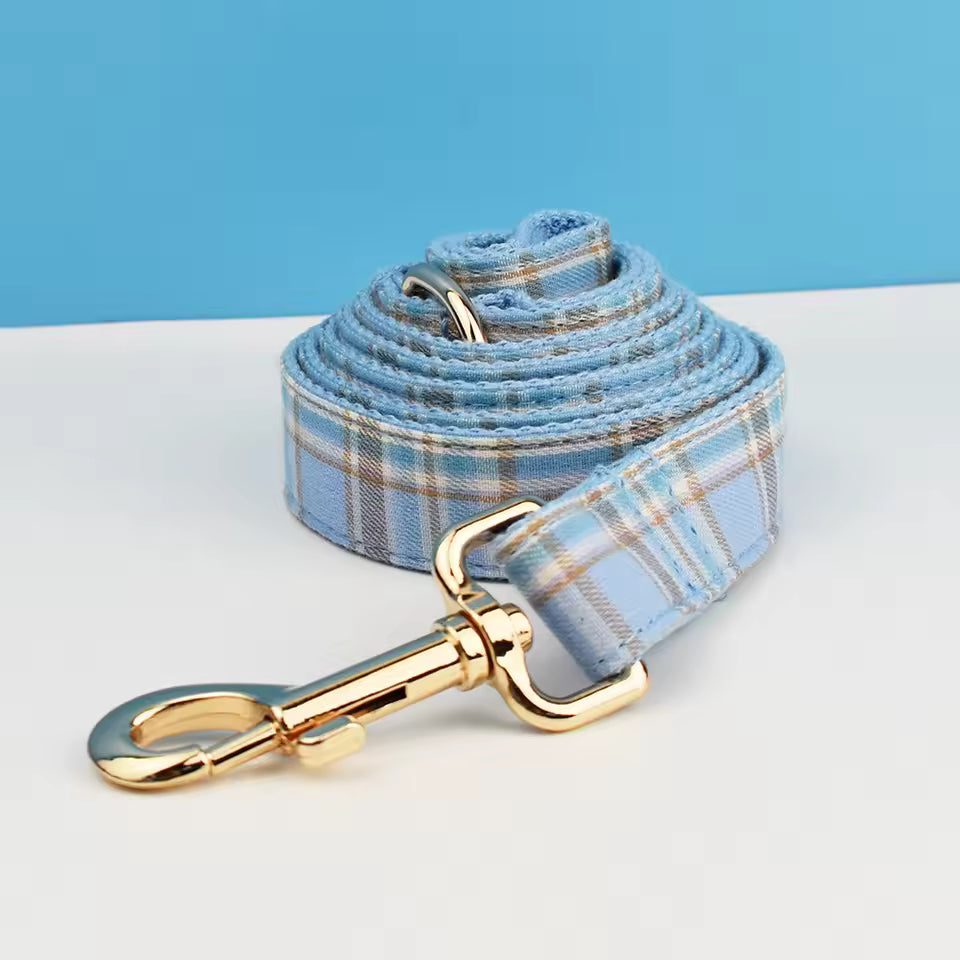 Dog Collar Leash Harness Set, Blue Plaid