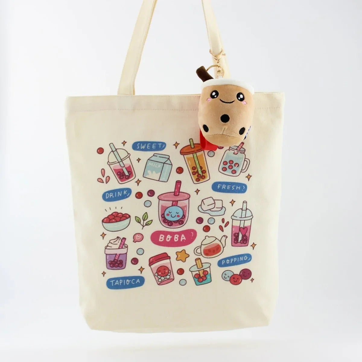 Cream Boba Tote – Canvas Bag with Enamel Pin & Keychain Gift