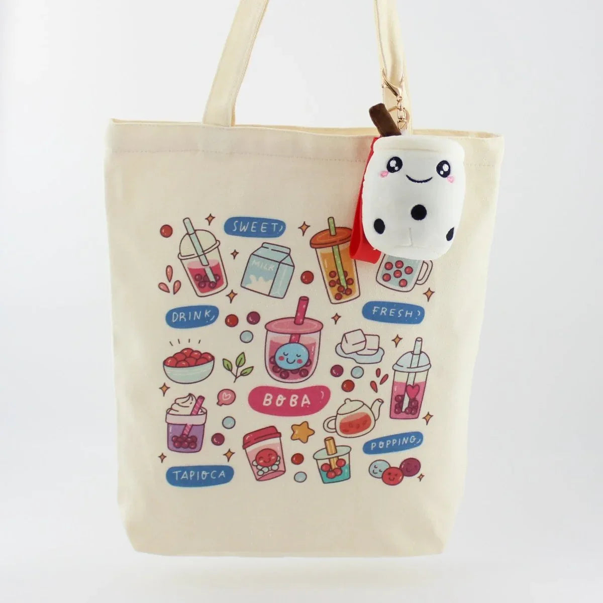 Cream Boba Tote – Canvas Bag with Enamel Pin & Keychain Gift