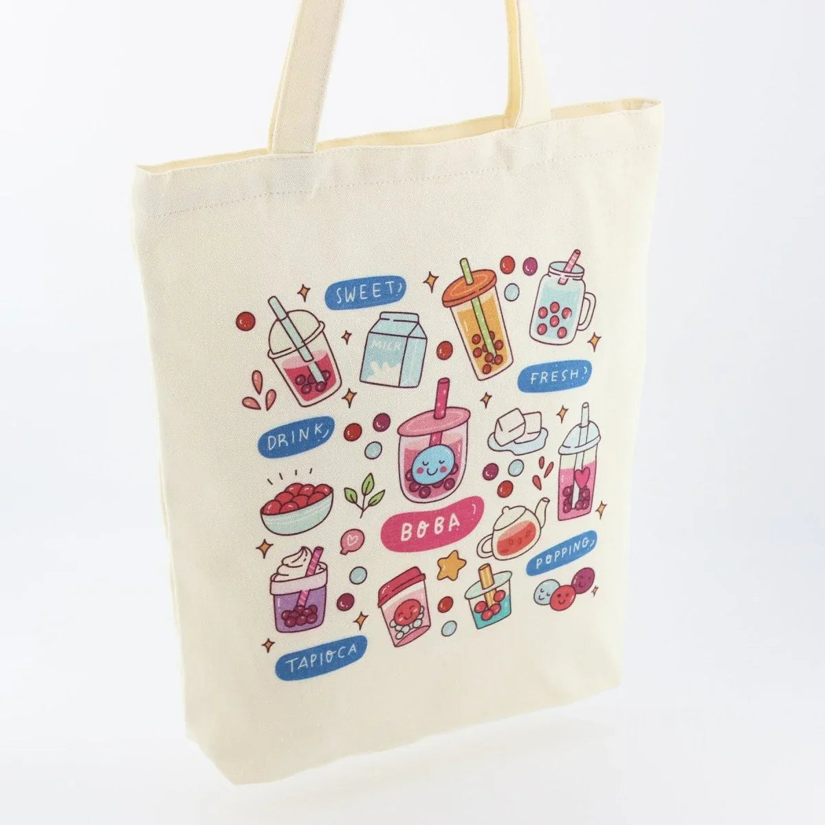 Cream Boba Tote – Canvas Bag with Enamel Pin & Keychain Gift