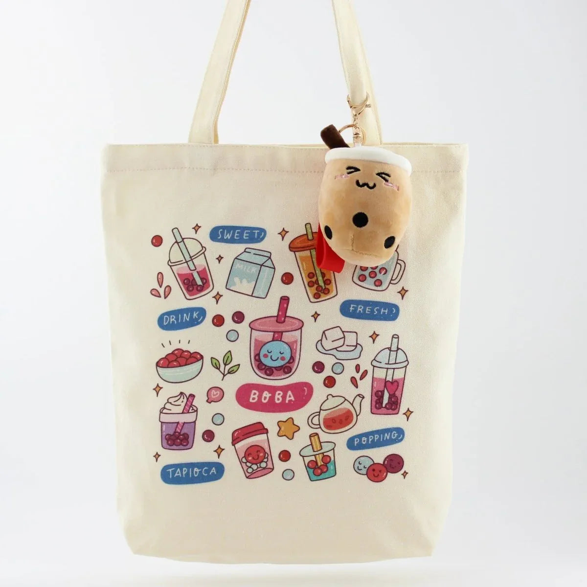 Cream Boba Tote – Canvas Bag with Enamel Pin & Keychain Gift
