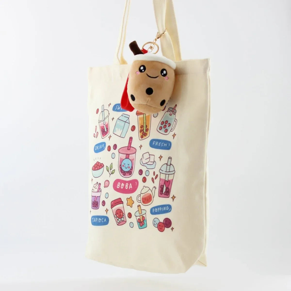 Cream Boba Tote – Canvas Bag with Enamel Pin & Keychain Gift