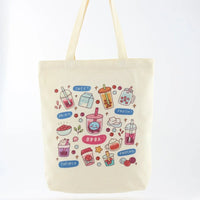 Cream Boba Tote – Canvas Bag with Enamel Pin & Keychain Gift