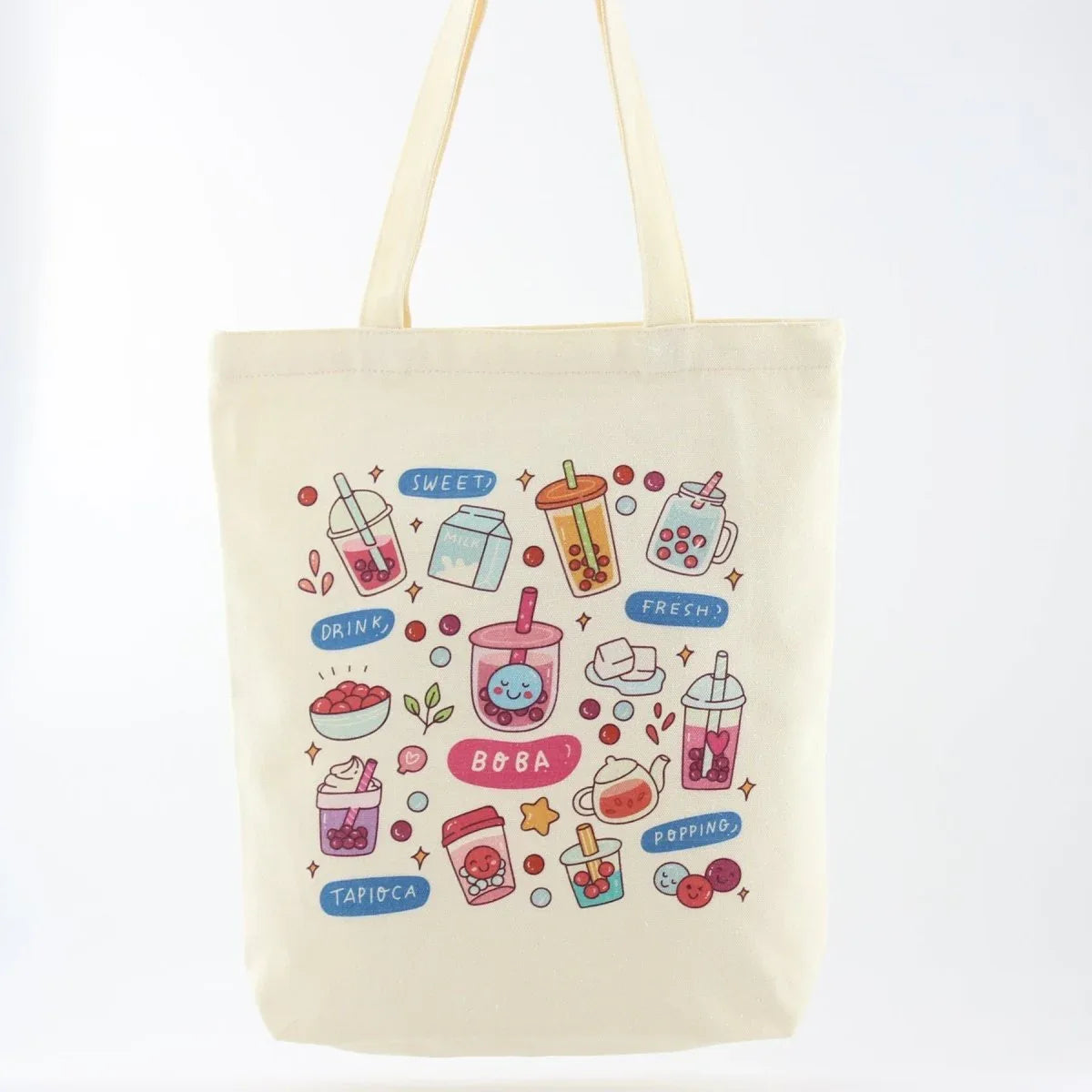 Cream Boba Tote – Canvas Bag with Enamel Pin & Keychain Gift