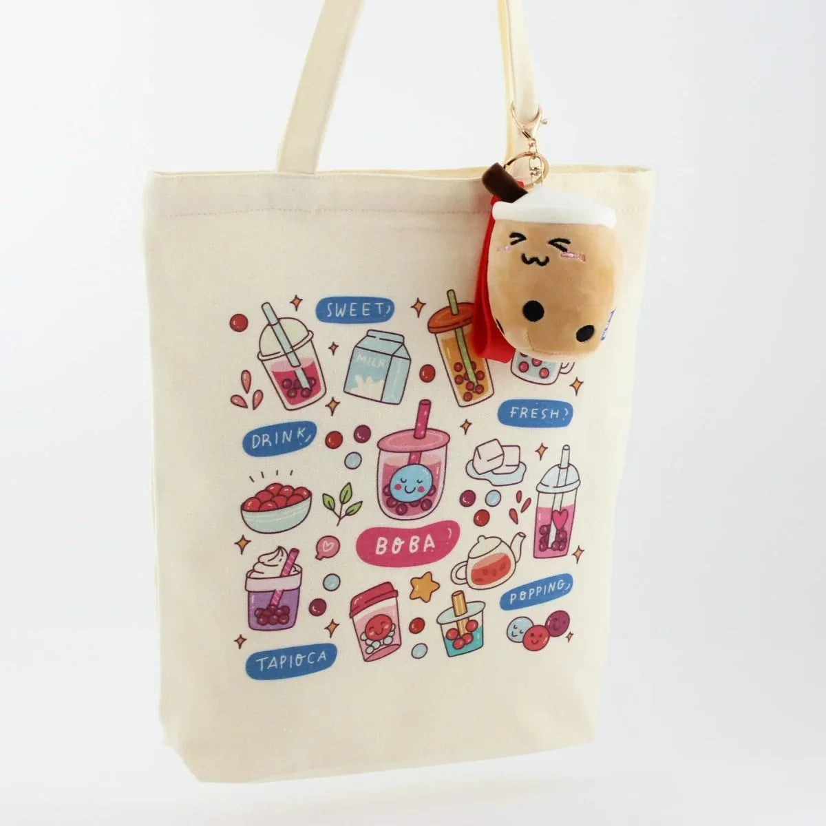 Cream Boba Tote – Canvas Bag with Enamel Pin & Keychain Gift