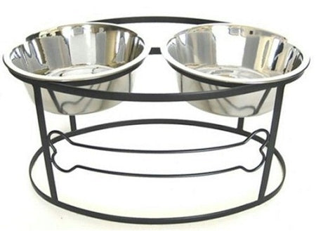 PetsStop Bone Raised Double Dog Bowl, Medium, Black – 7-Inch Dog Bone Feeder with Two 2-Quart Bowls
