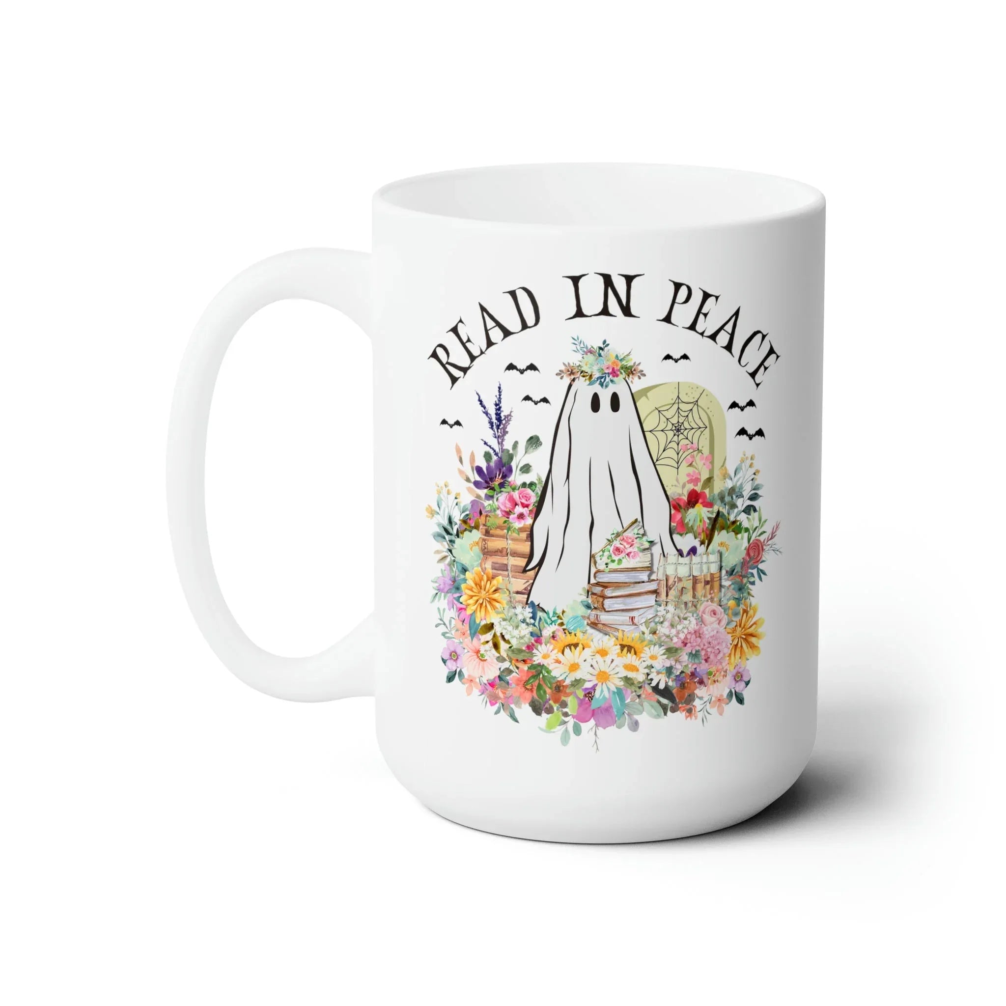 Bookish Floral Ghost Coffee Mug for Halloween: 15 Oz Coffee Cup for Reader - BIG FRENCHIES
