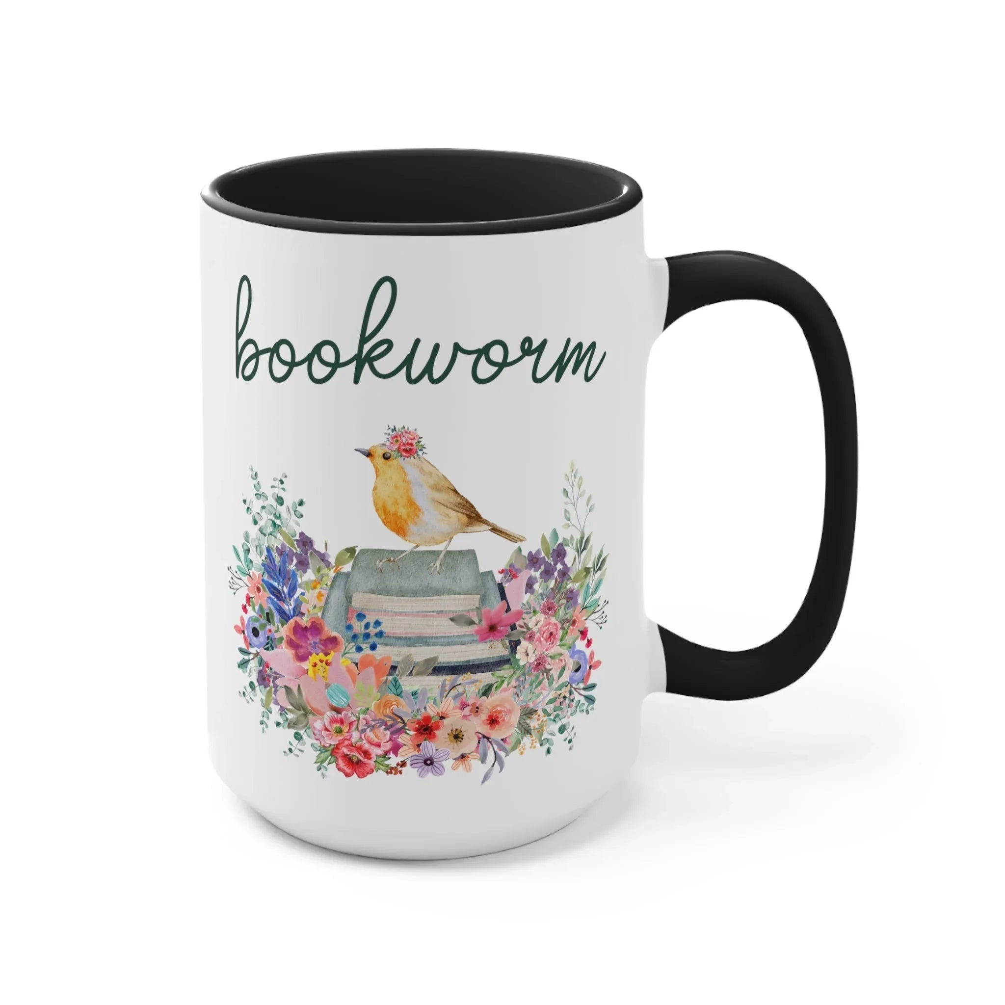 Bookworm Coffee Mug with Bird and Flowers: 15 Oz Coffee Mug - BIG FRENCHIES
