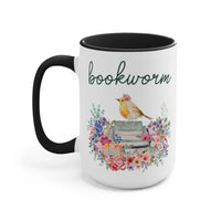 Bookworm Coffee Mug with Bird and Flowers: 15 Oz Coffee Mug - BIG FRENCHIES