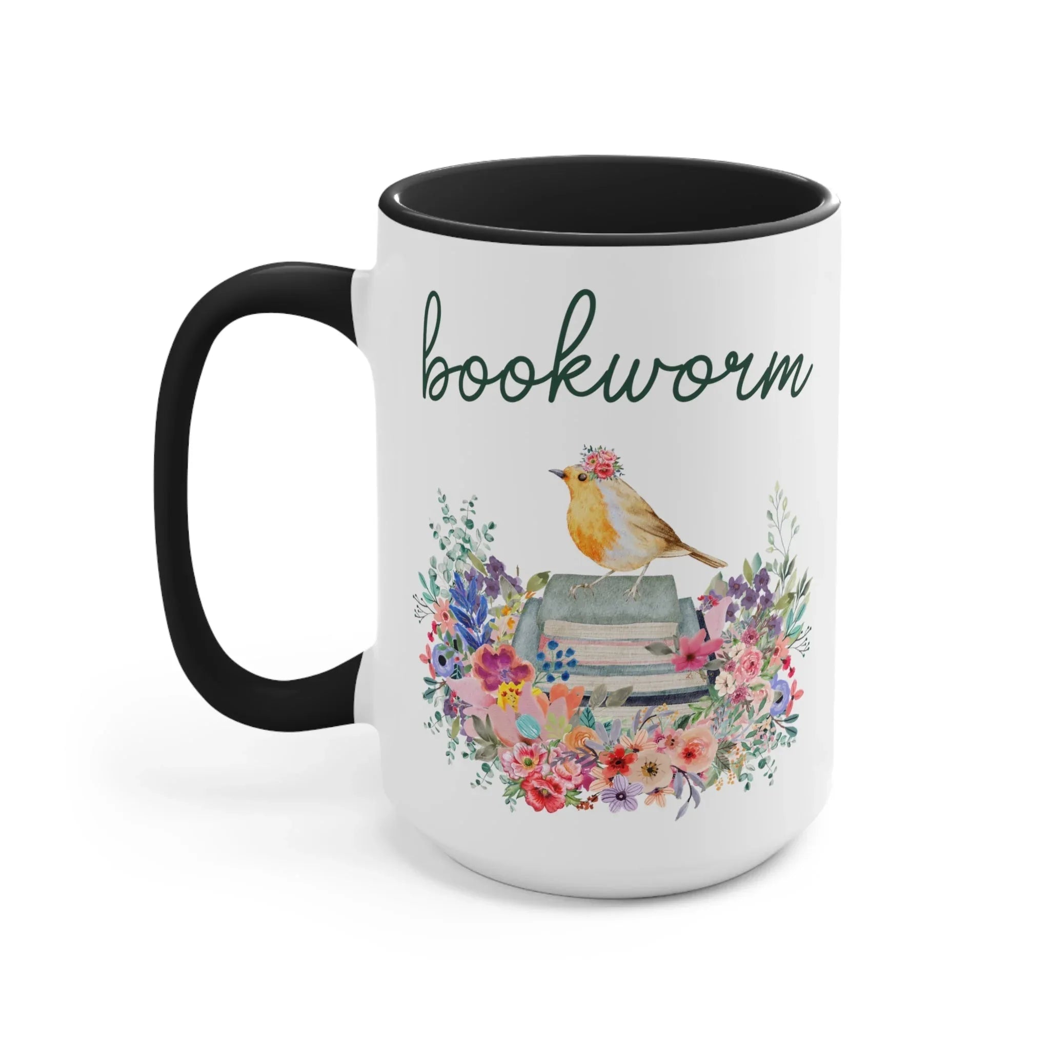 Bookworm Coffee Mug with Bird and Flowers: 15 Oz Coffee Mug - BIG FRENCHIES