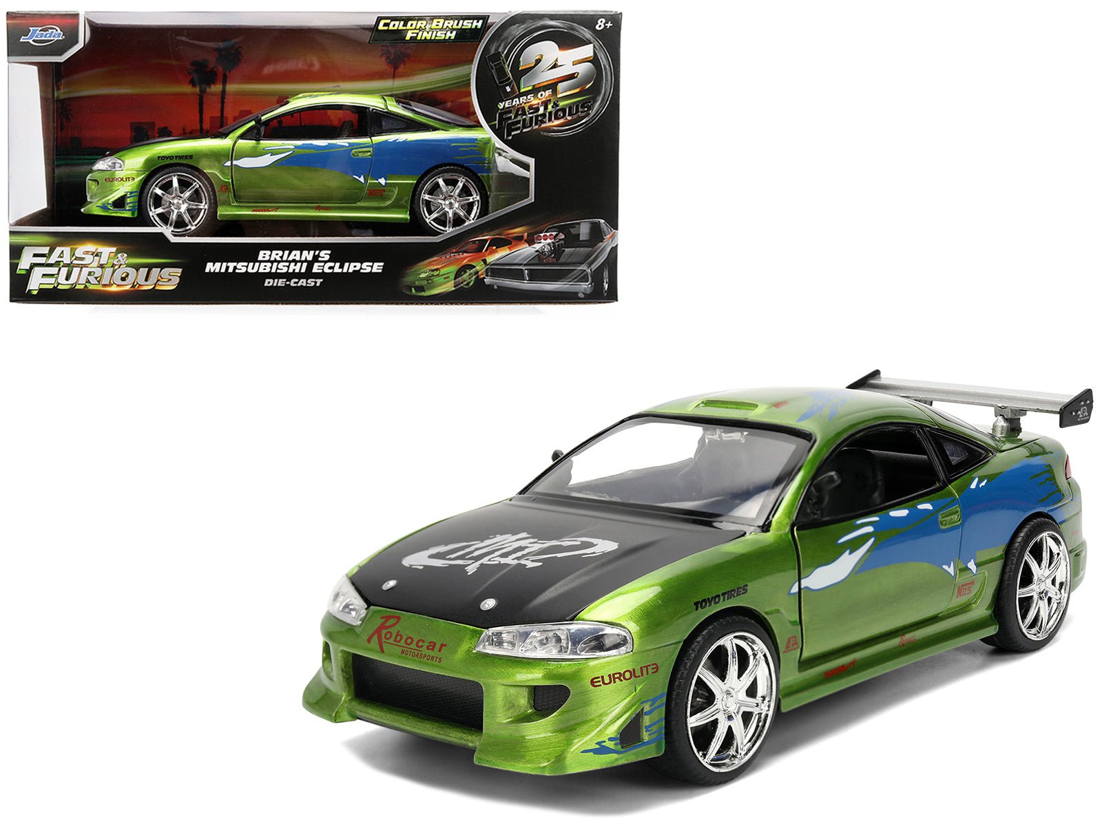 Brian's Mitsubishi Eclipse Green Brush Finish "The Fast and the Furious" (2001) Movie 25 Years of Fast & Furious Anniversary 1/24 Diecast Model Car by Jada  free shipping USA