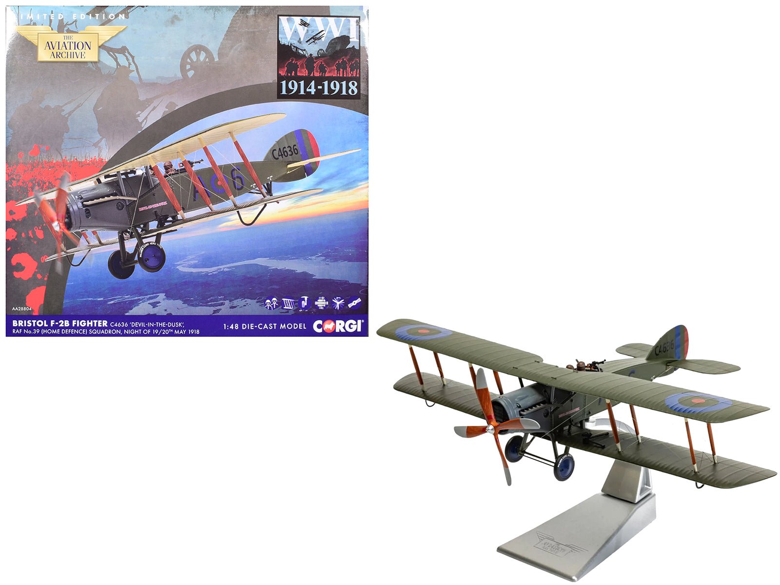 Bristol F-2B Fighter Aircraft "C4636 Devil-in-the-Dusk No. 39 Squadron" (1918) Royal Flying Corps "The Aviation Archive" Series 1/48 Diecast Model by Corgi  free shipping USA