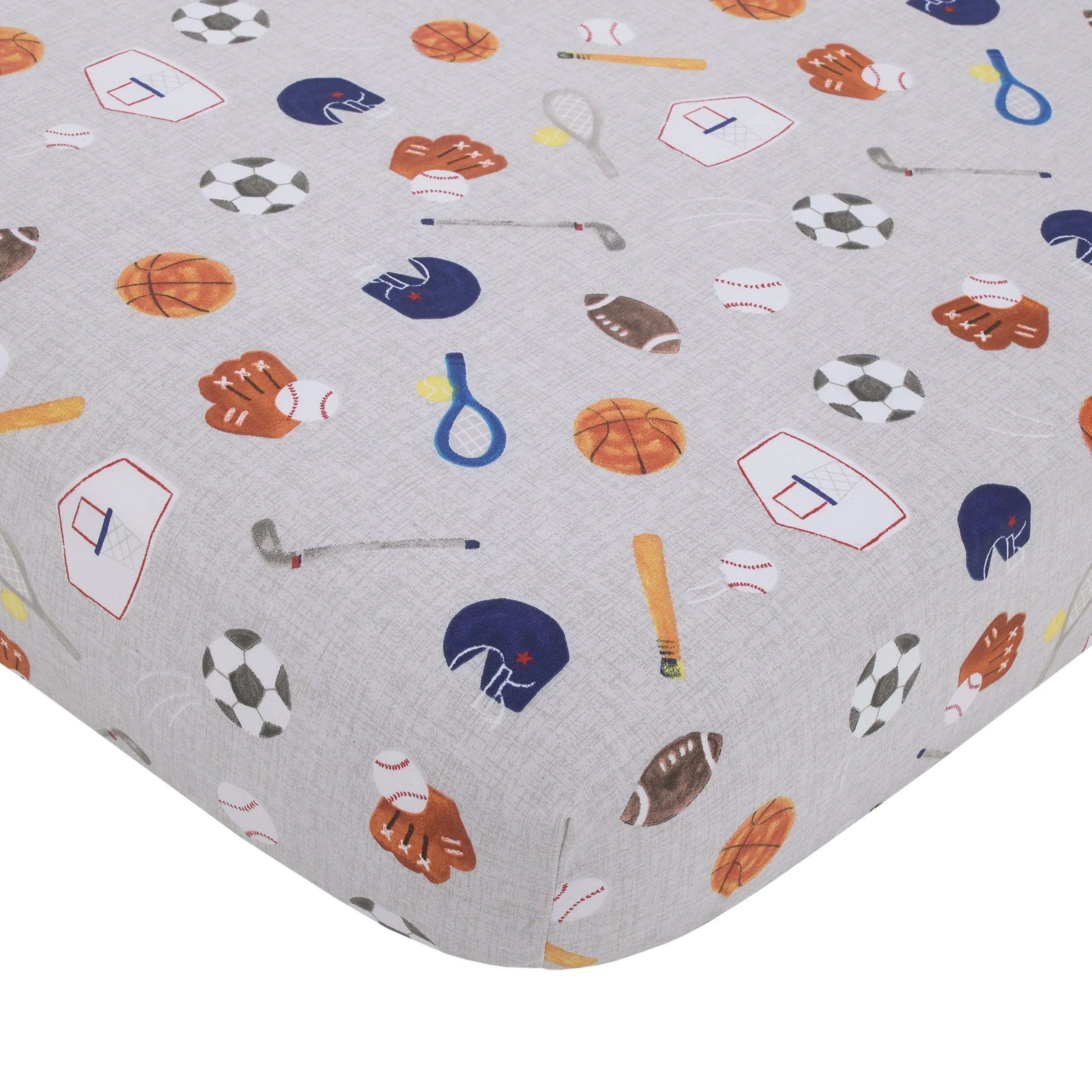 NoJo Team All Star Navy, Grey, and Light Blue, Football, Baseball, Soccer and Basketball, Fox, Raccoon and Hedgehog 4 Piece Nursery Crib Bedding Set - Comforter, 100% Cotton Fitted Crib Sheet, Crib Skirt and Storage Tote - BIG FRENCHIES