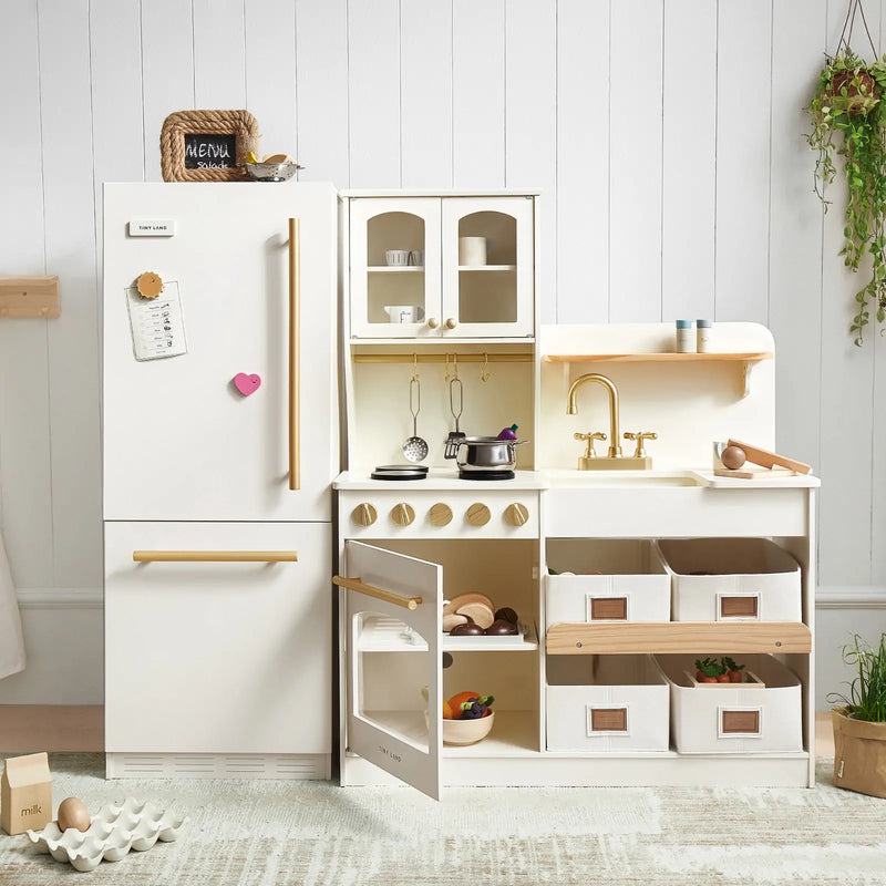 Tiny Land® Play Kitchen Accessories – Play Kitchen Fridge: Wooden Cabinet Refrigerator for Kids