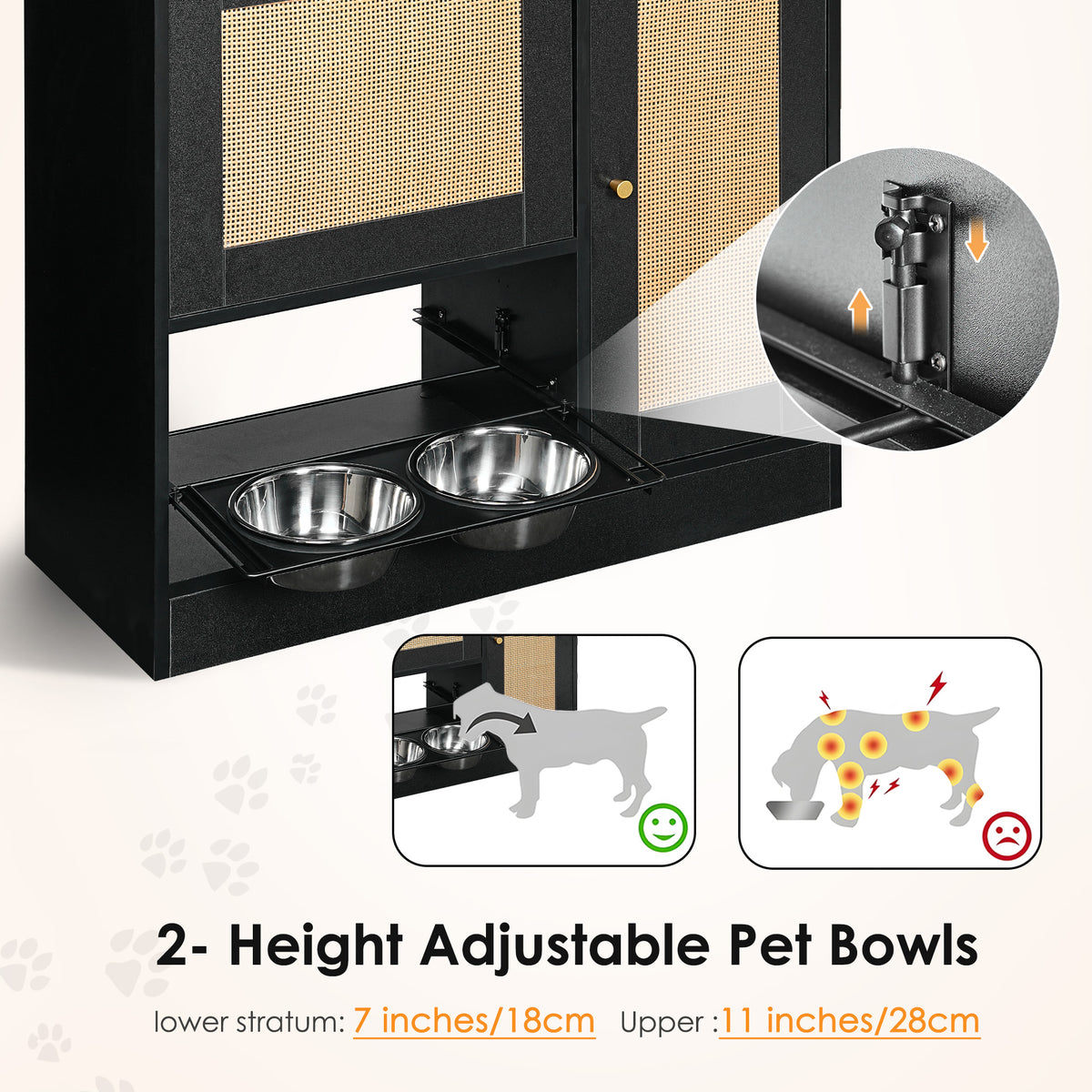 Feeding station with 2 lockers, pet feeding station with 2 elevated dog bowls, side hooks, anti-tipping kit, hidden pet 