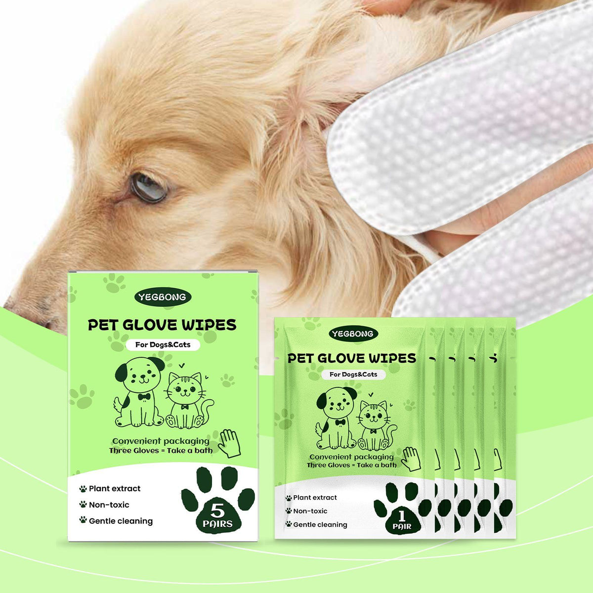 YEGBONG Disposable Pet Glove Wipes, 5 Pieces