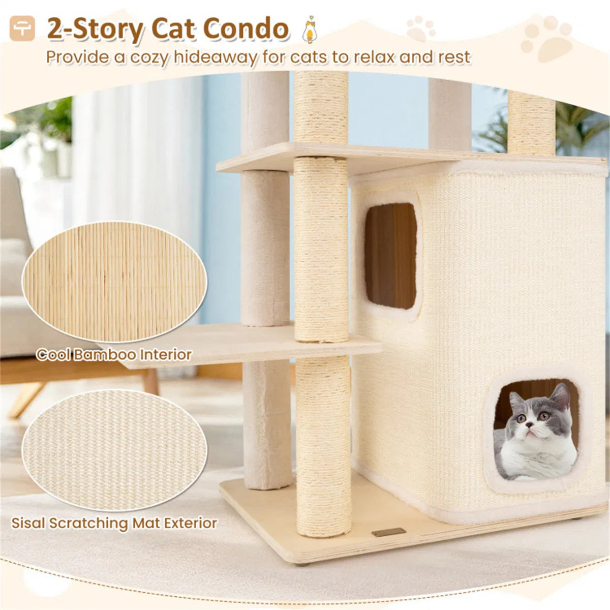 63" Wooden Cat Tree - 2-Story Condo with Bamboo Interior, 5 Sisal Scratching Posts, 44 lbs Per Layer Capacity