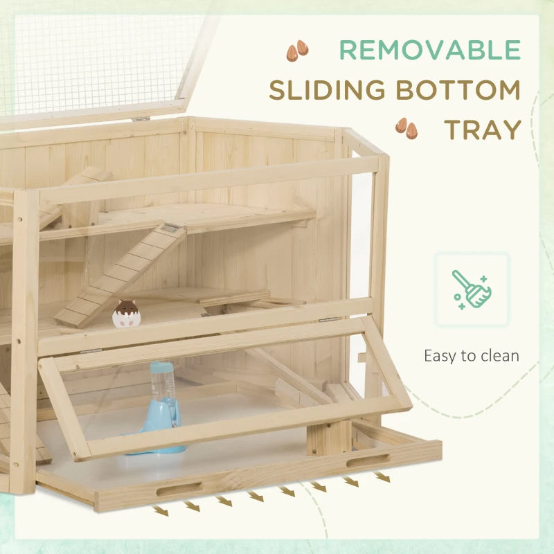 Wooden Large Hamster Cage Small Animal Exercise Play House 3 Tier With Tray, Seesaws, Water Bottle, Activity Center, Nat