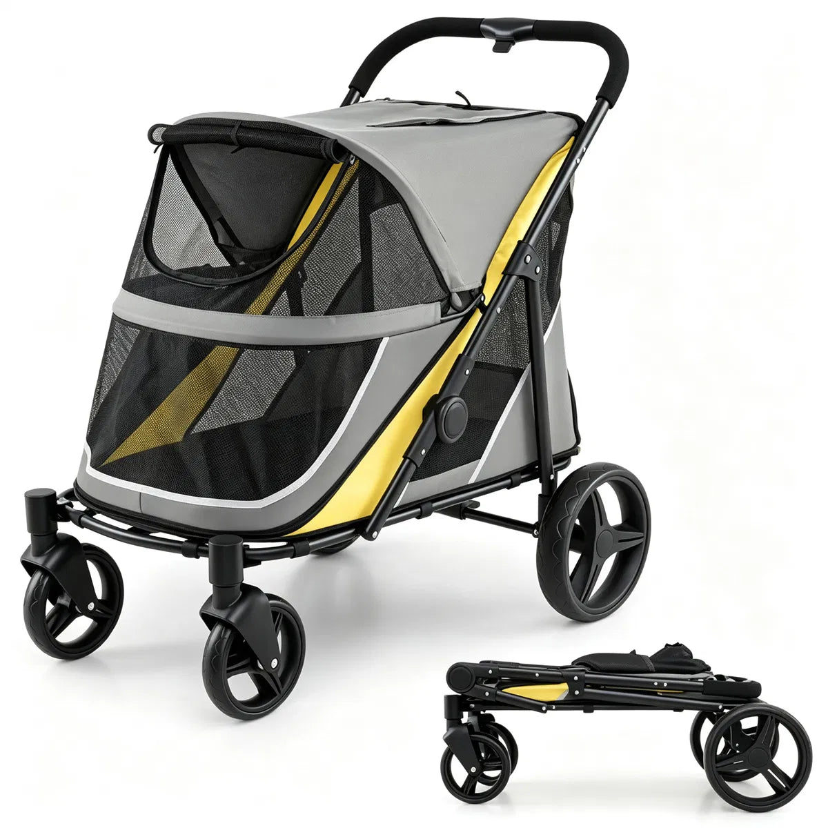 220LBS Large Capacity Dog Stroller, Foldable Pet Stroller with 360 Swivel Shock-Absorbing Wheels, One-Click Brake & Retr