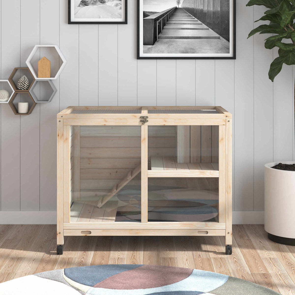 Rabbit Hutch with Wheels, Desk and Side Table Sized, Wooden Rabbit Cage, Waterproof Small Bunny Cage with Removable Tray