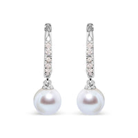 10K White Gold 6x6 MM Cultured Freshwater Pearl and Diamond Accent Drop Huggy Earring (H-I Color, I1-I2 Clarity)