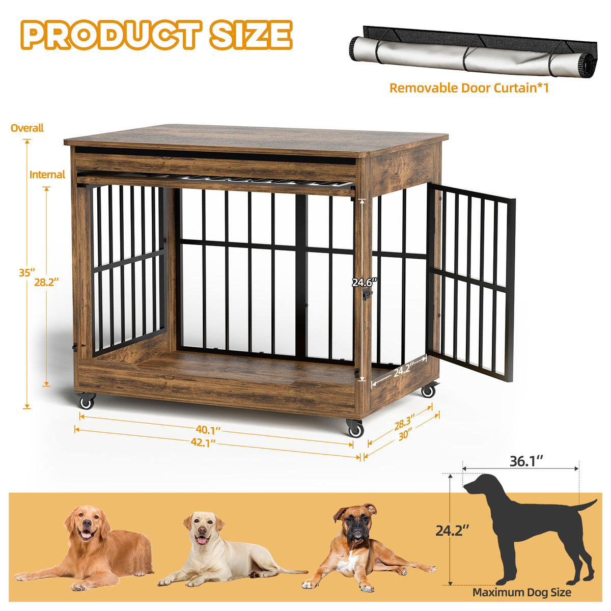 42in Large Dog Crate Furniture, Double Door Wooden Indoor Dog Kennel Furniture, Decorative Pet Cage End Table With Wheel