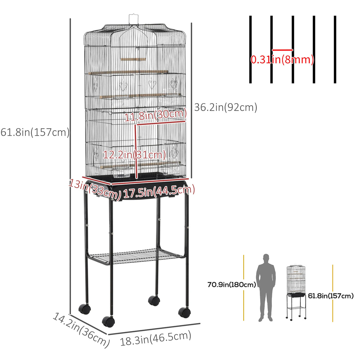 62" Rolling Bird Cage Cockatoo House Play Top Finch Pet Supply with Storage Shelf, Wheels - Black