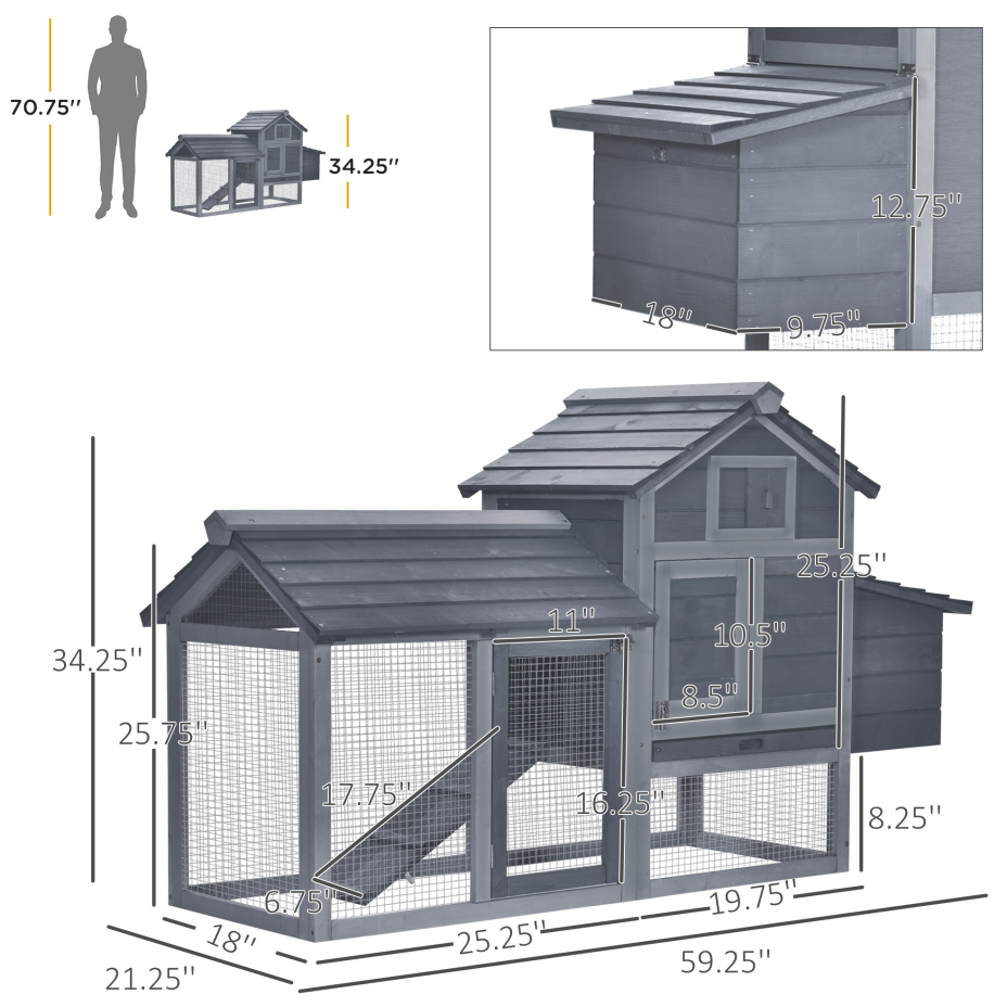 Chicken Coop Kit 59 Outdoor Solid Wood Enclosed House Ventilation Gray