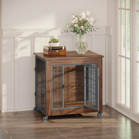 27.2" Dog Crate Furniture with Wheels for Small Dogs, Heavy Duty Dog Kennel Indoor with 2 Doors, Wooden Pet Cage End Tab